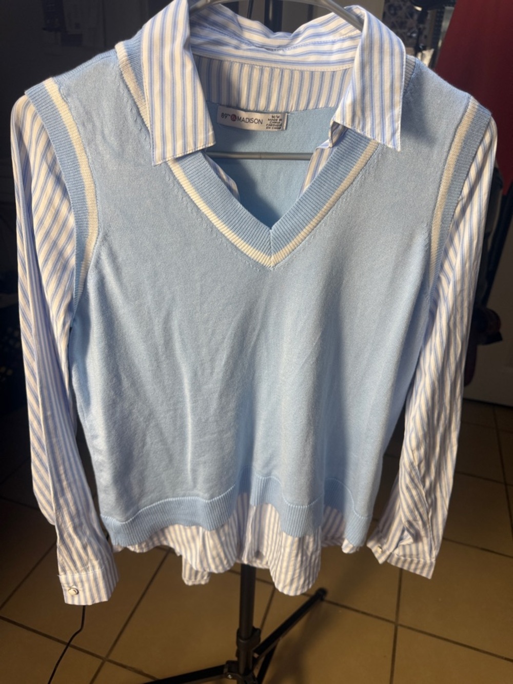 89th & Madison Layered Blue Sweater Vest Shirt Combo Striped Blouse Size M